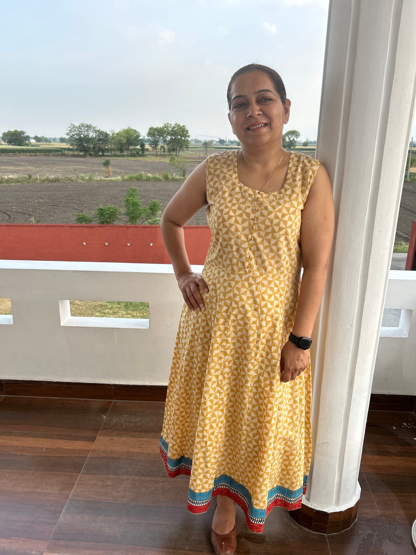 Beige Cotton Block Printed Dress