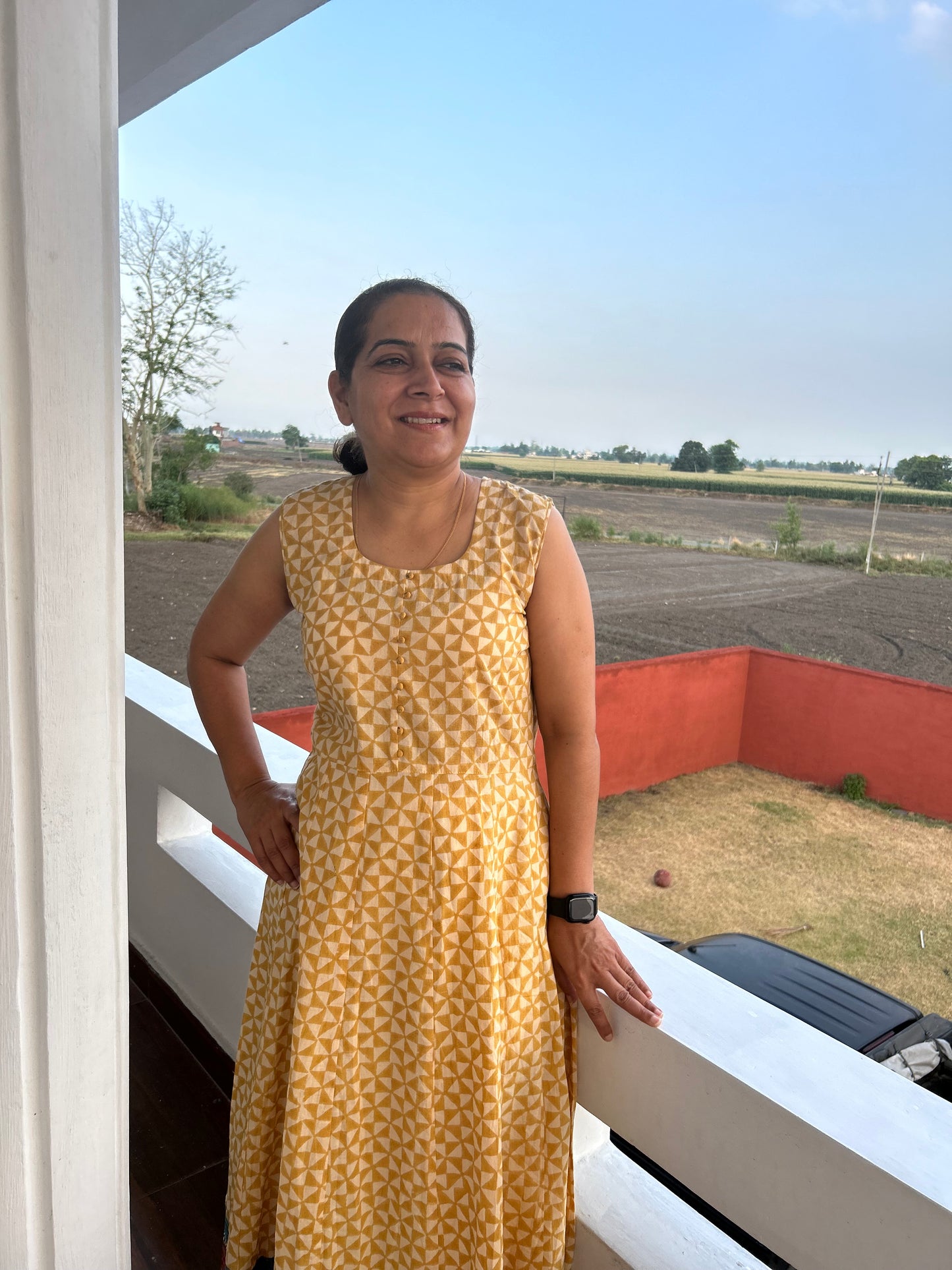 Beige Cotton Block Printed Dress