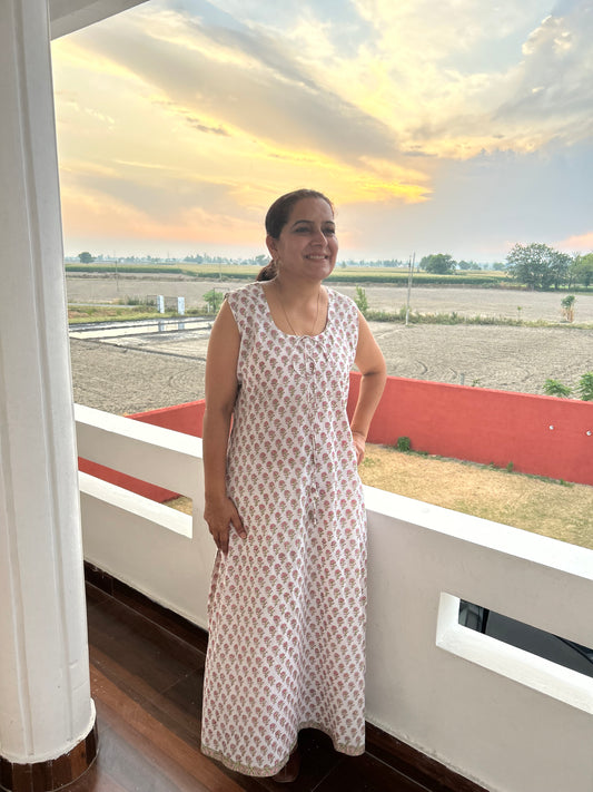 White Cotton Block Printed Dress