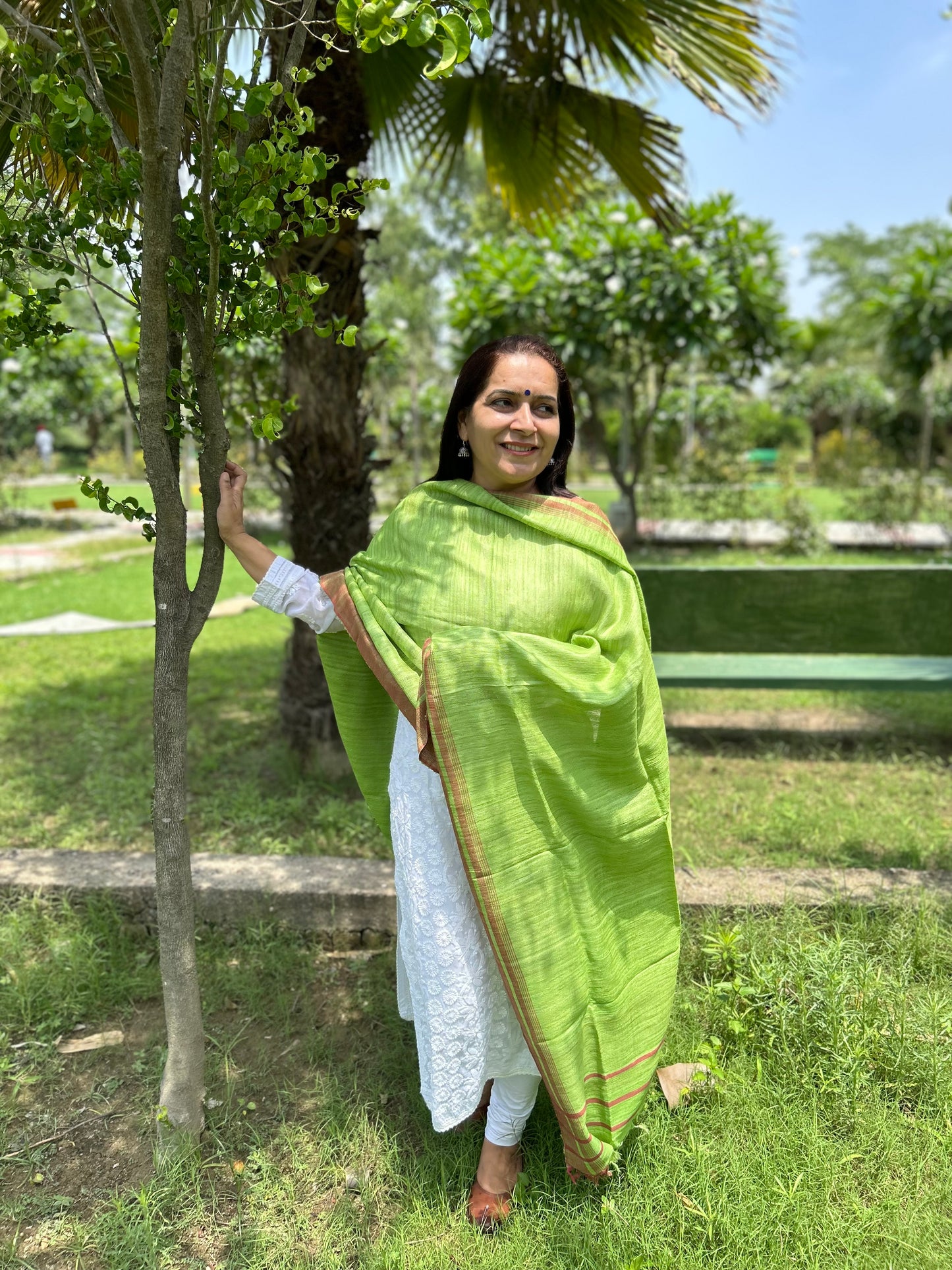 Parrot Green Hand Woven Ghicha Silk Dupatta