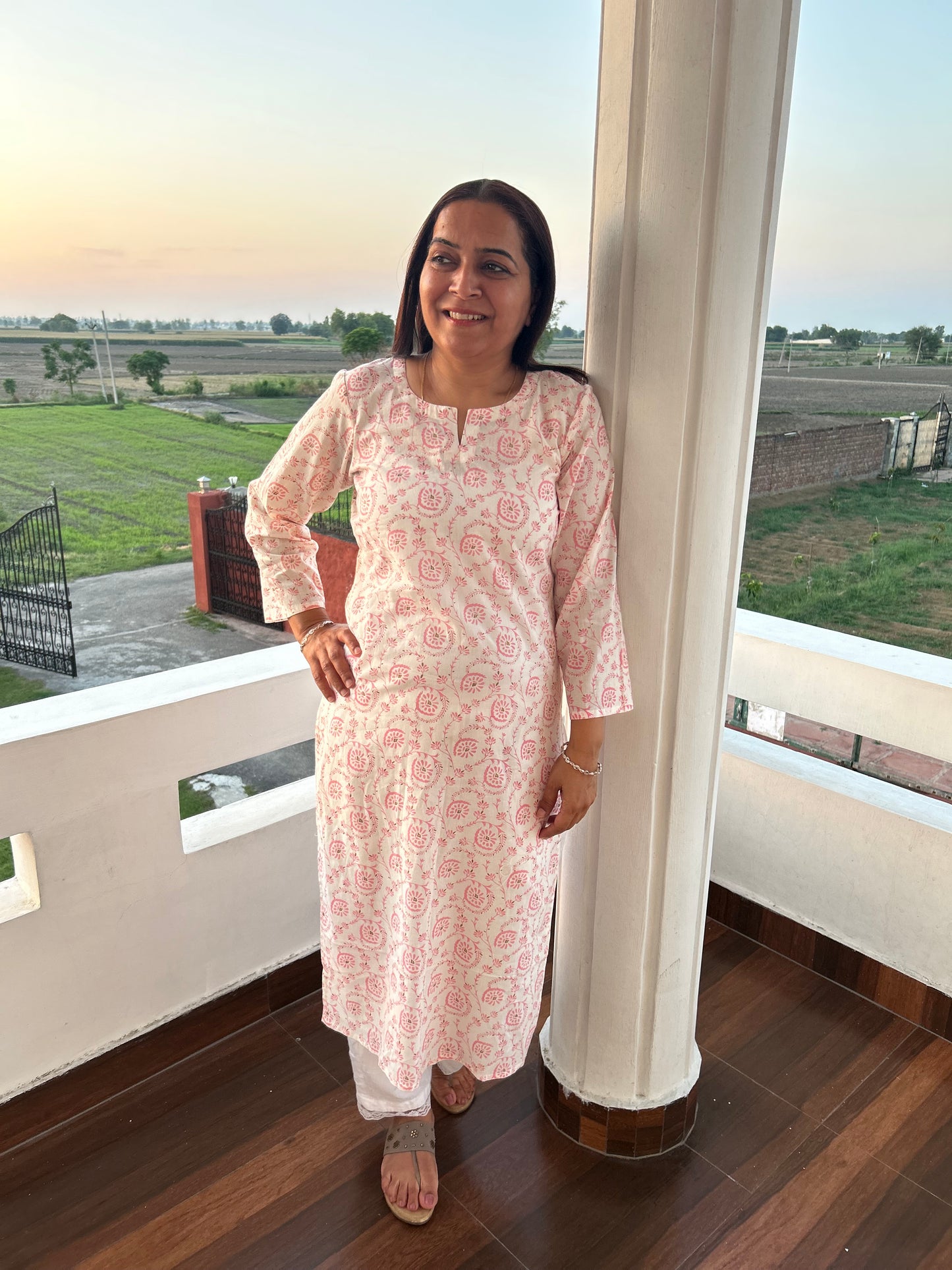 Off White Pink Block Printed Kurta