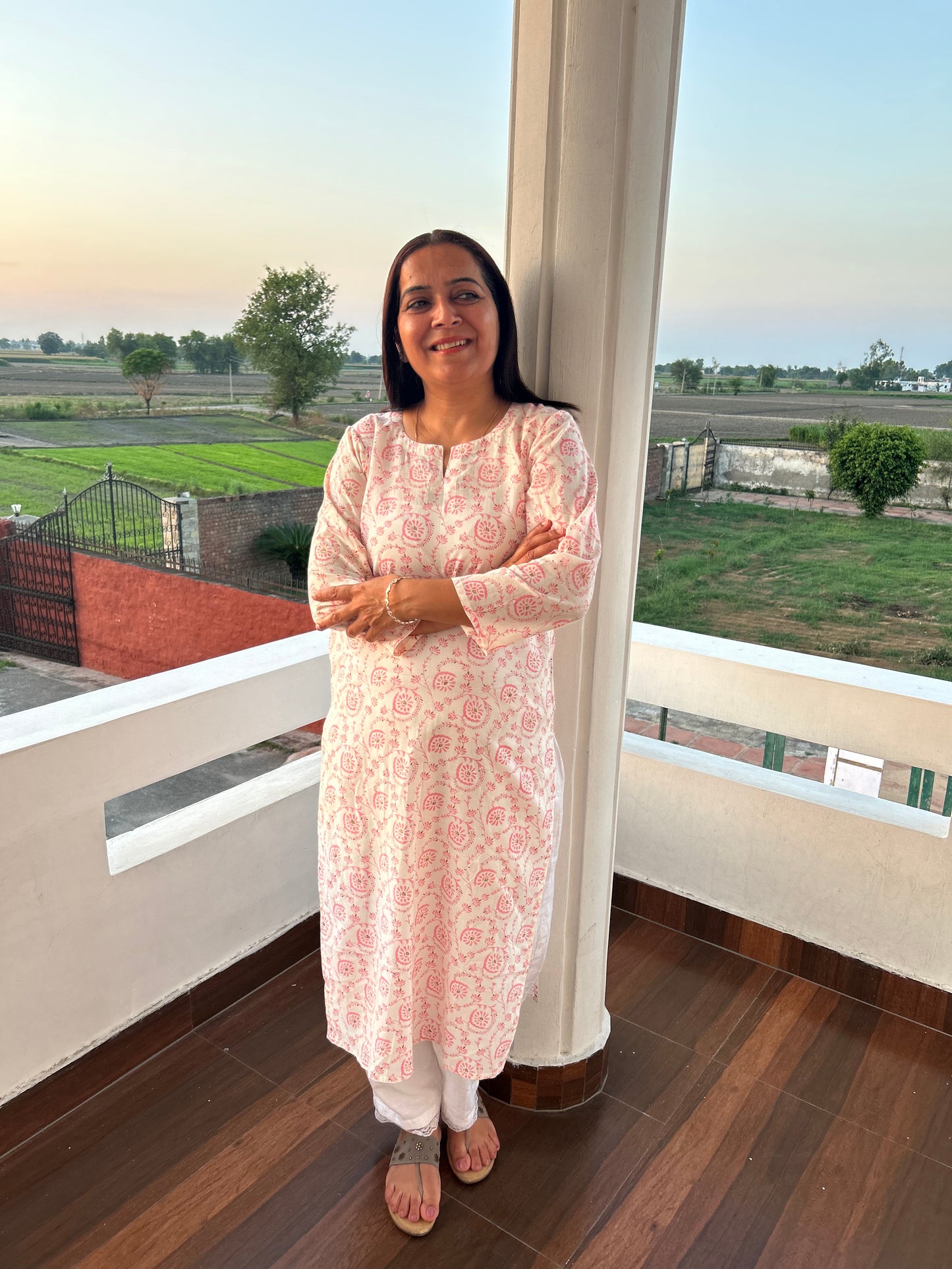 Off White Pink Block Printed Kurta
