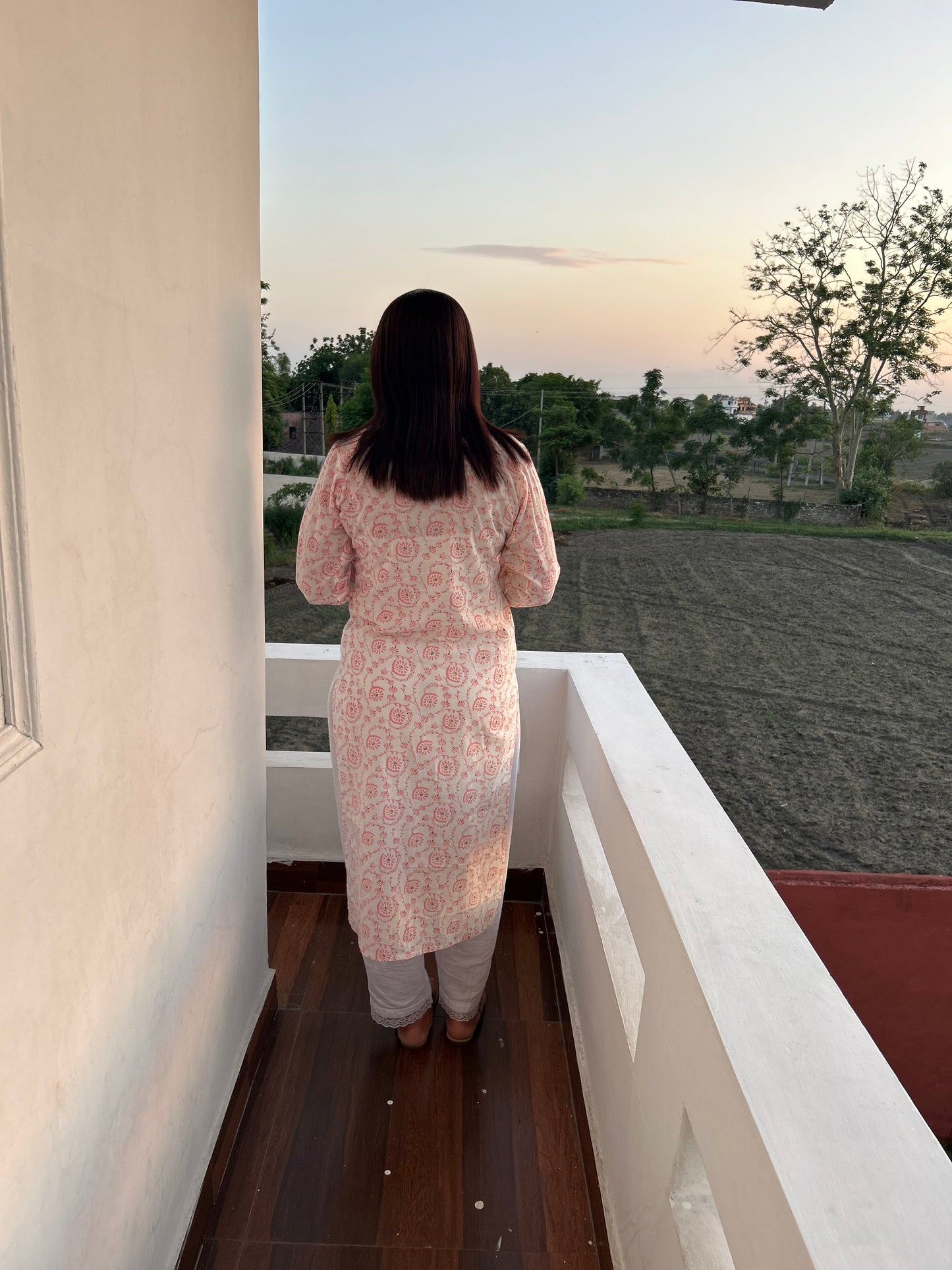 Off White Pink Block Printed Kurta