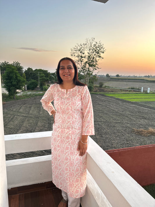 Off White Pink Block Printed Kurta