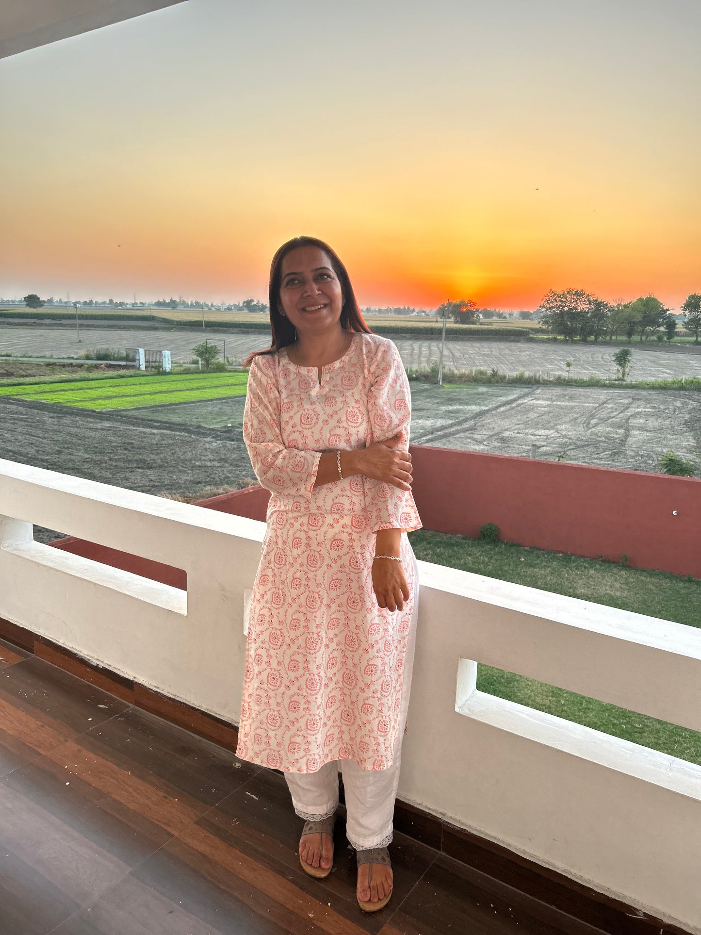 Off White Pink Block Printed Kurta