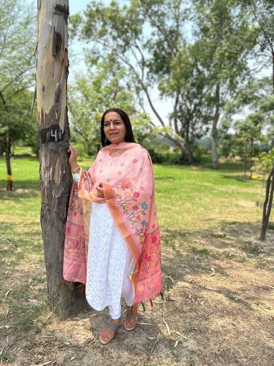 Peach Chanderi Digital Printed Dupatta