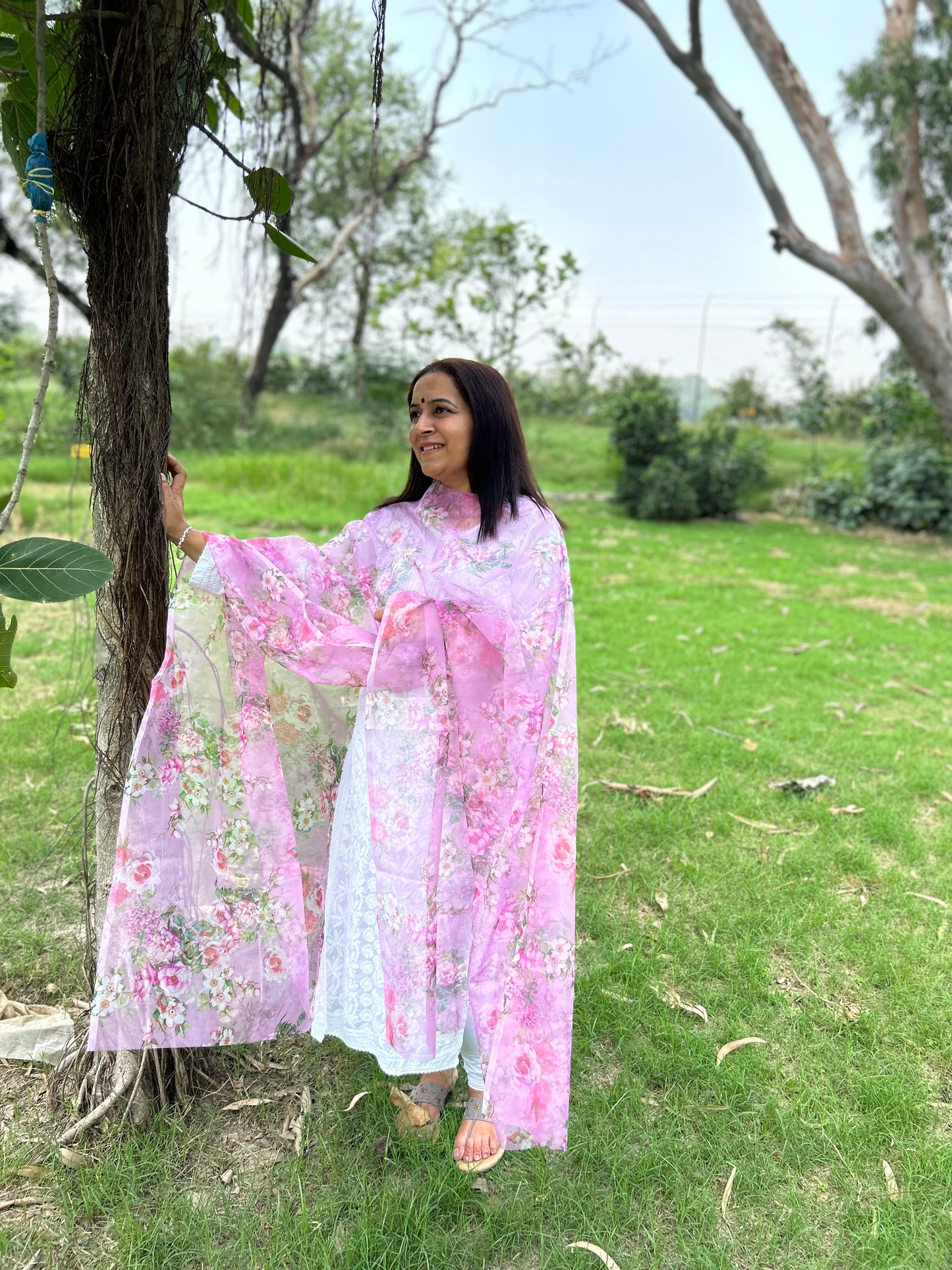 Pink Organza Digital Printed Dupatta