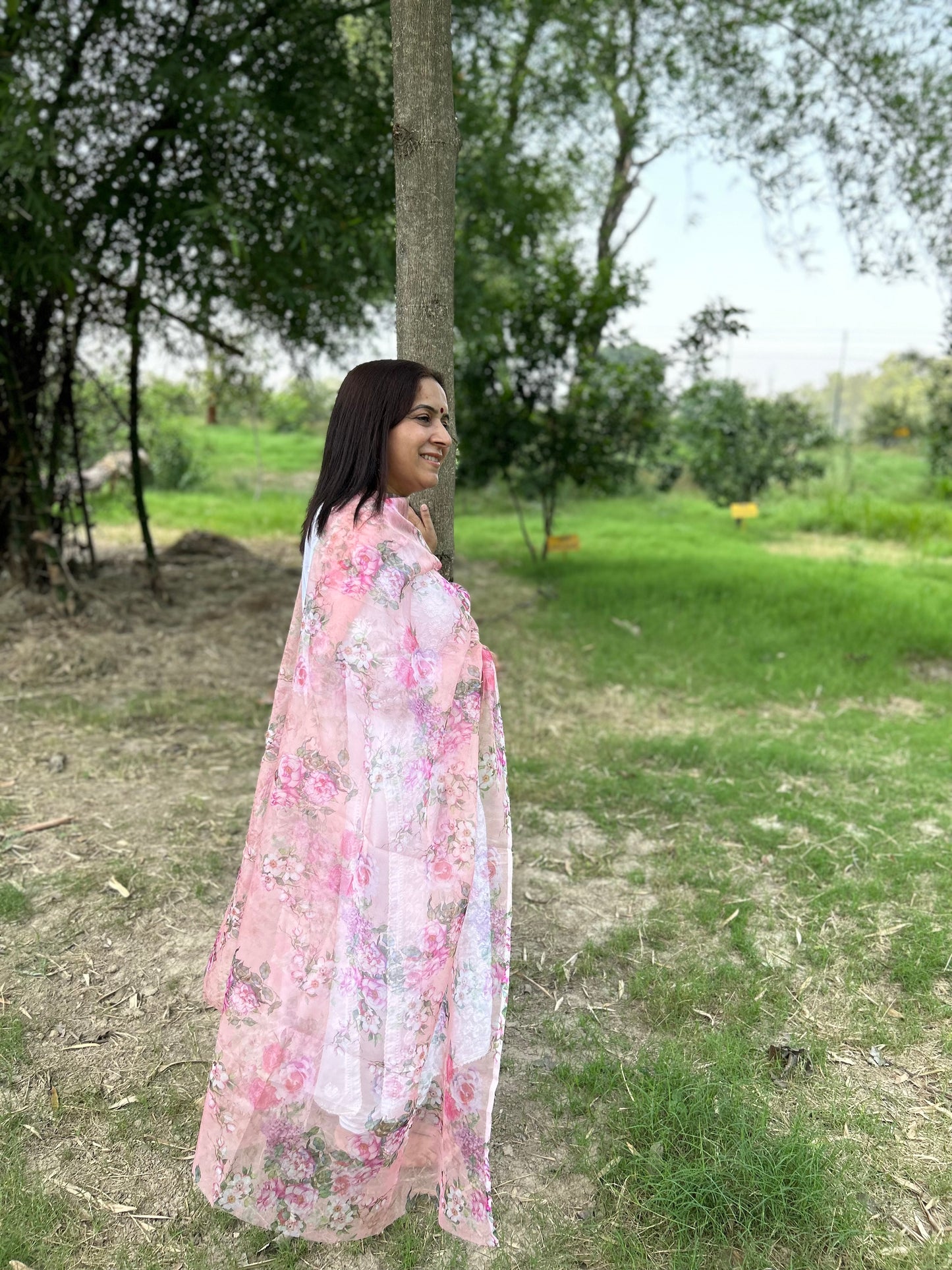 Peach Digital Printed Organza Dupatta