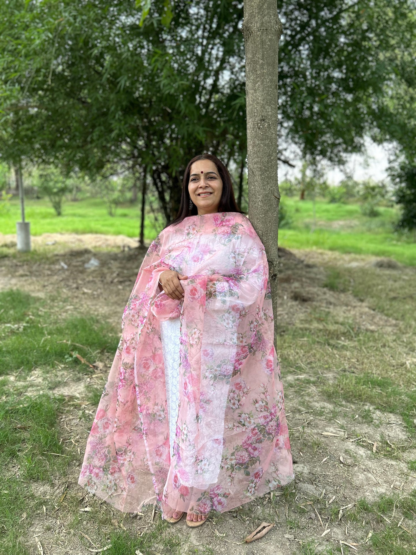 Peach Digital Printed Organza Dupatta