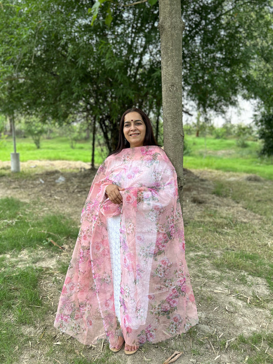 Peach Digital Printed Organza Dupatta