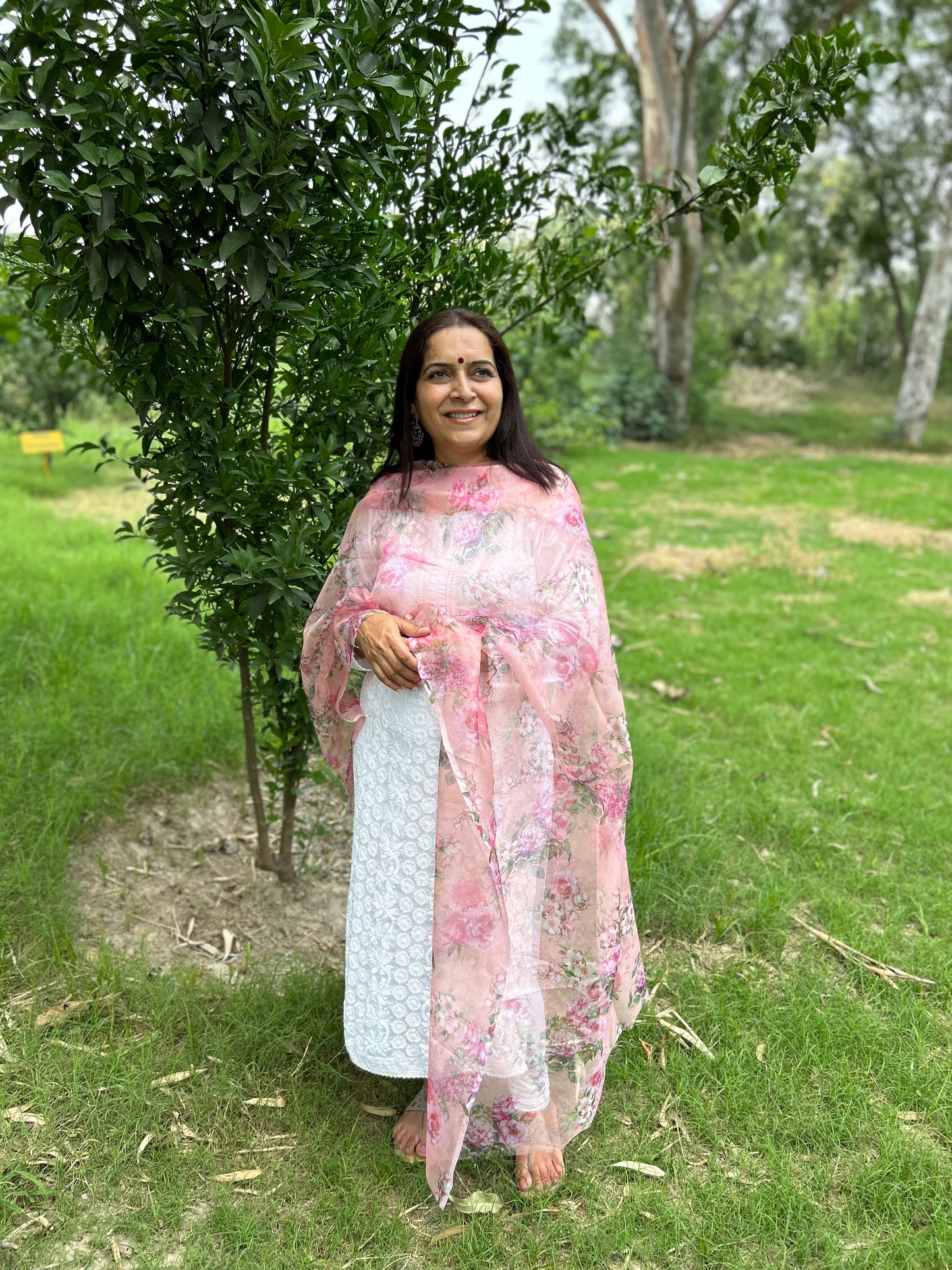 Peach Digital Printed Organza Dupatta