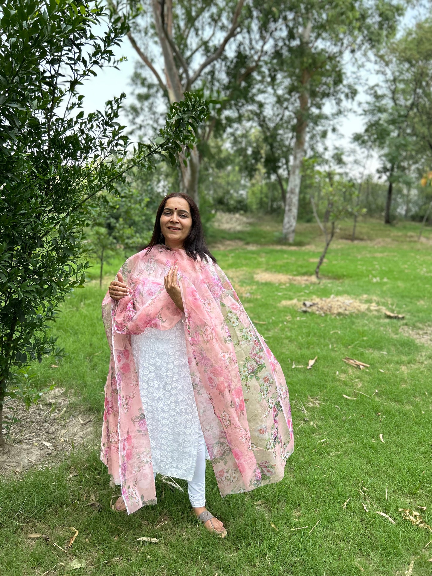 Peach Digital Printed Organza Dupatta