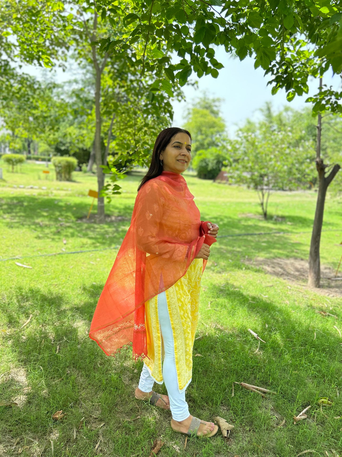 Rust Orange Kota Doria Chikankari Dupatta