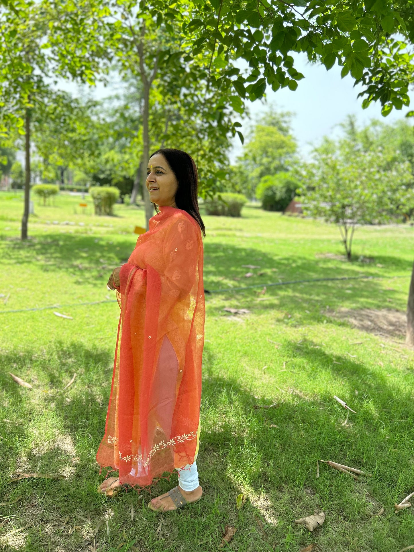 Rust Orange Kota Doria Chikankari Dupatta