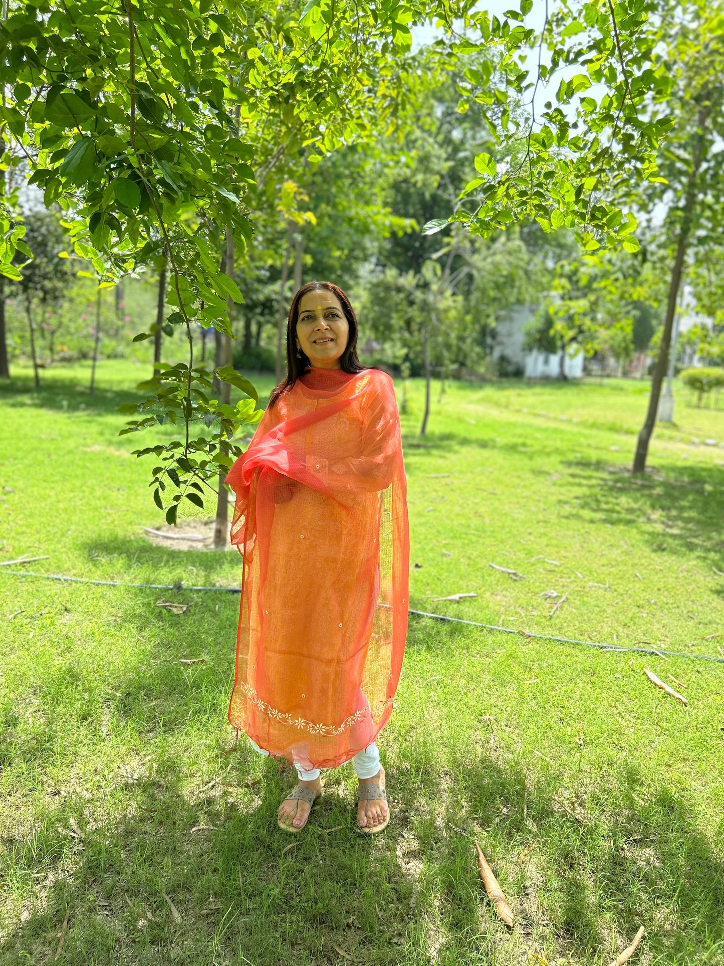 Rust Orange Kota Doria Chikankari Dupatta