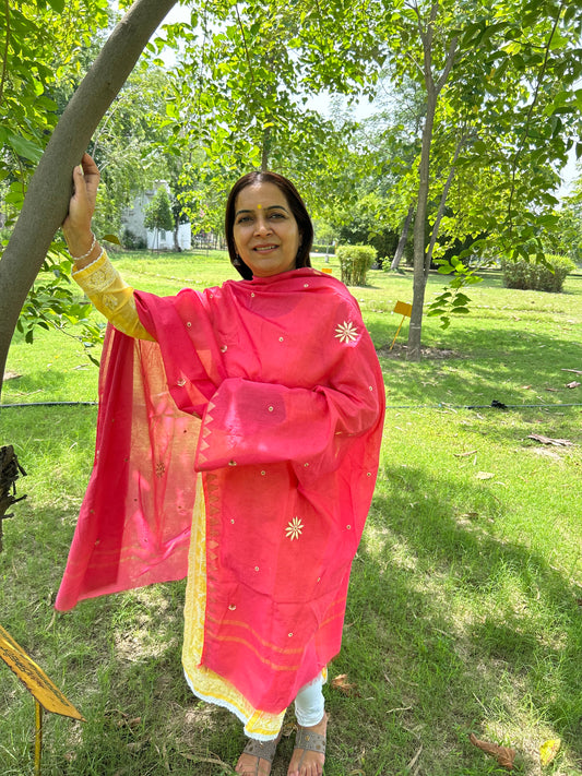 Pink Chanderi Chikankari Dupatta