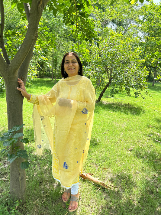 Yellow Kota Doria Chikankari Dupatta