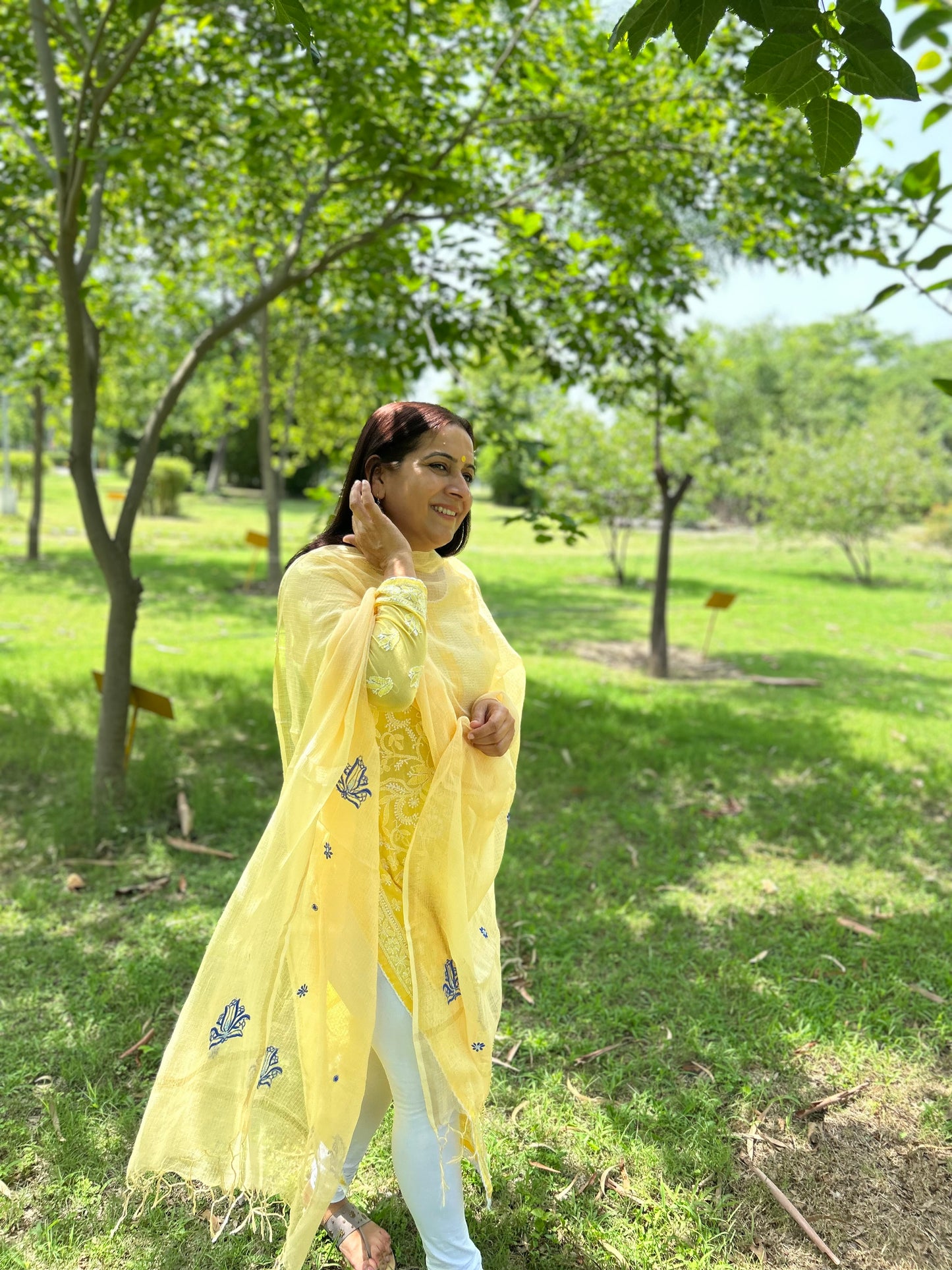 Yellow Kota Doria Chikankari Dupatta