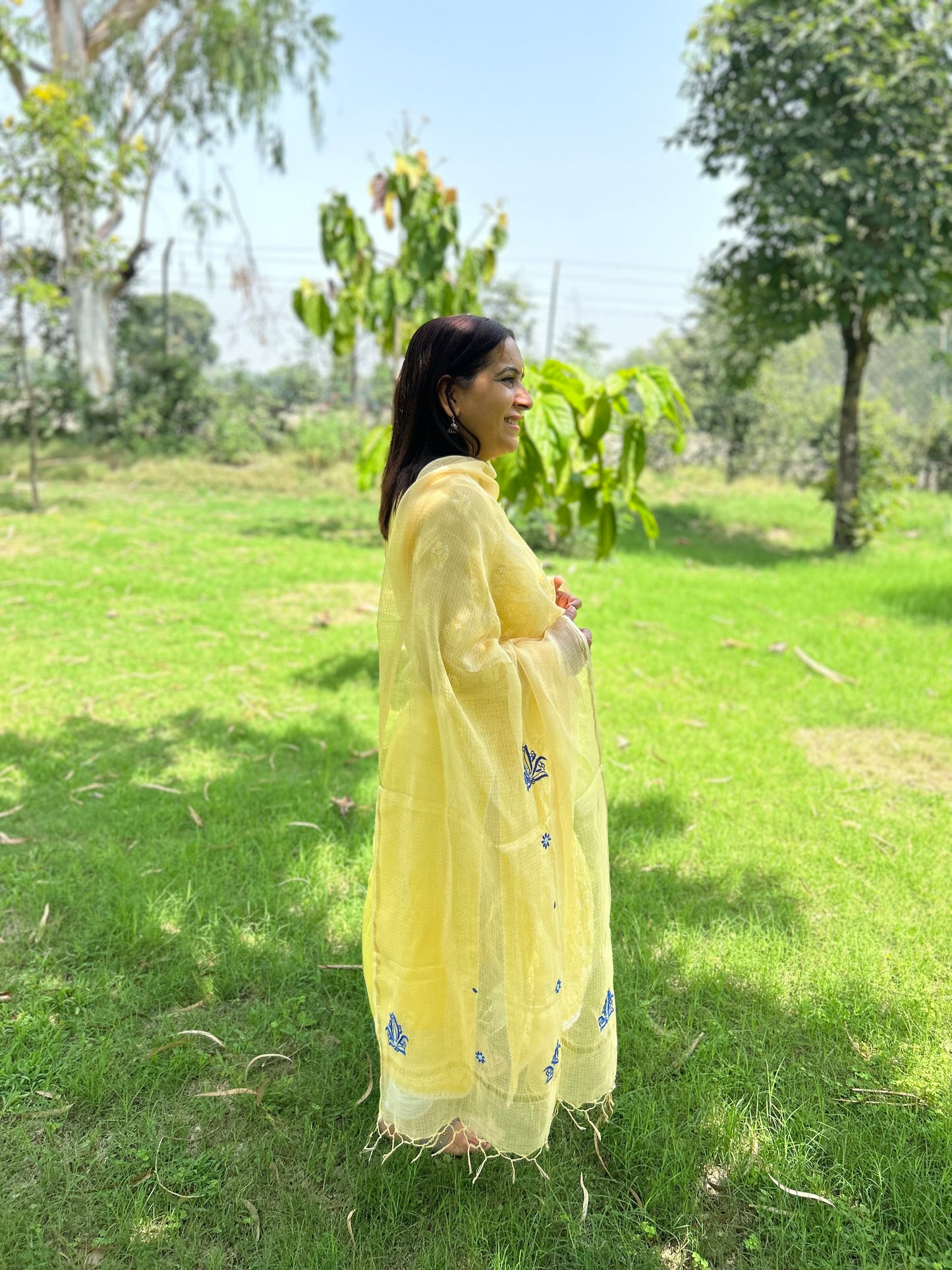 Yellow Kota Doria Chikankari Dupatta