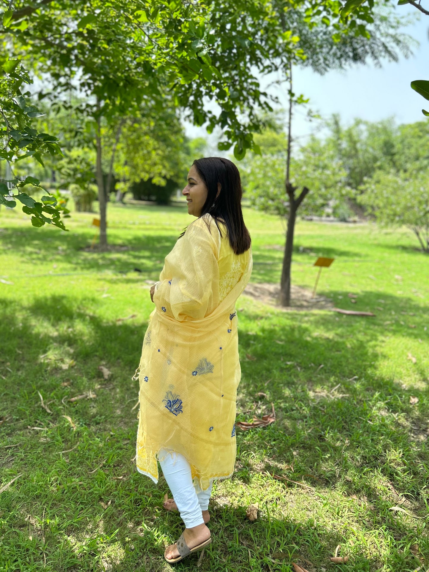Yellow Kota Doria Chikankari Dupatta