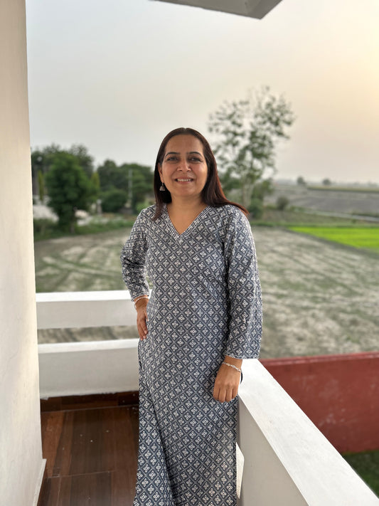 Grey Block Printed Kurta