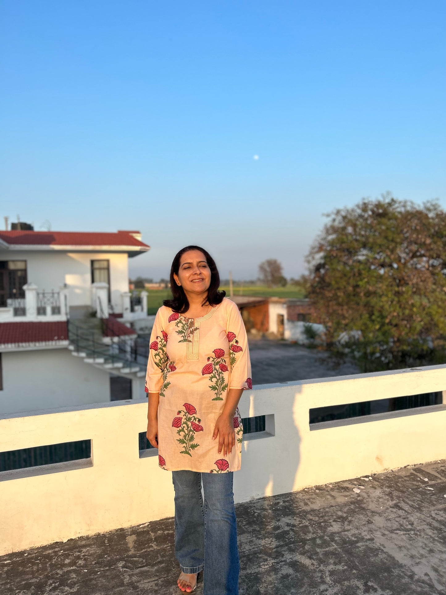 Peach Cotton Block Printed Kurti