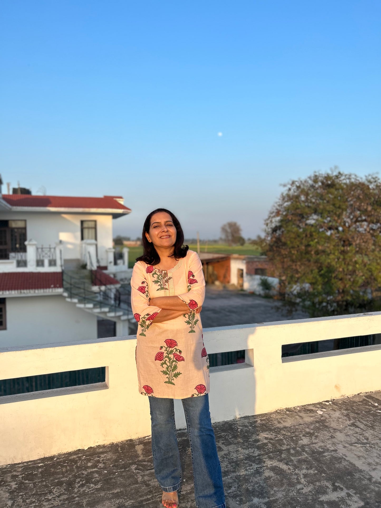 Peach Cotton Block Printed Kurti