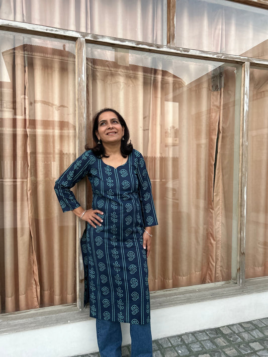 Blue Cotton Dabu Print Kurta