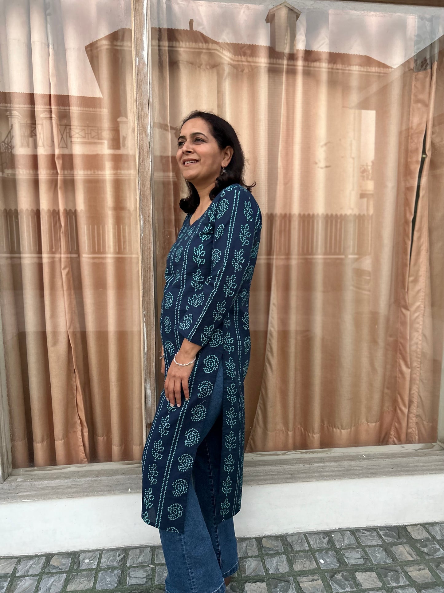 Blue Cotton Dabu Print Kurta