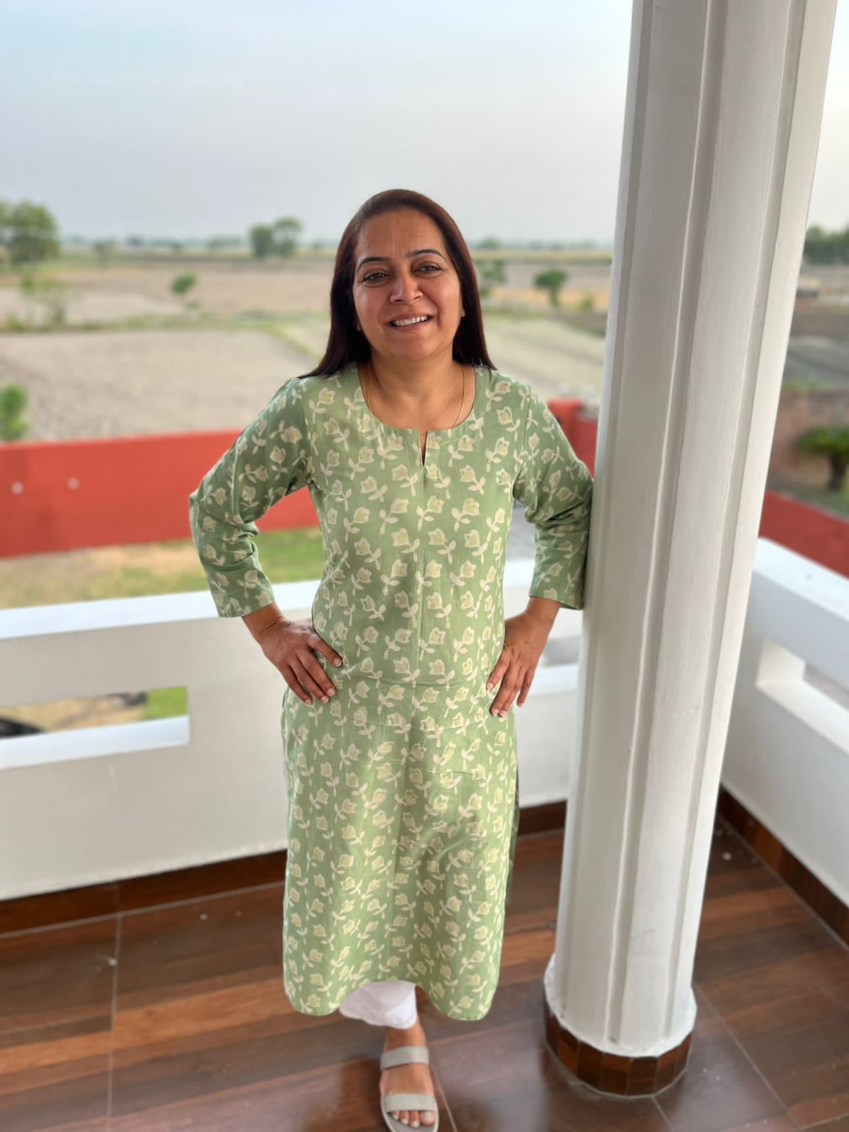 Green Cotton Hand Block Printed Knee Length Kurta