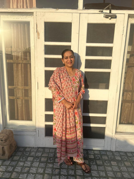 Pink Cotton Block Printed Kurta Set (3PC SET)