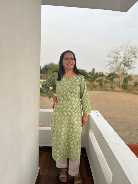 Green Cotton Hand Block Printed Knee Length Kurta